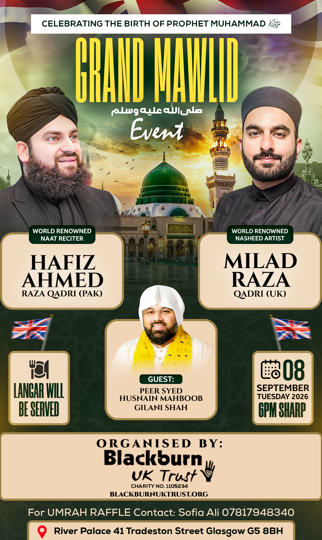 Poster for the Grand Mawlid Event featuring Hafiz Ahmed Raza Qadri, Milad Raza Qadri and guest Peer Syed Husnain Mahboob Gilani Shah, 8 September 2026 at River Palace, Glasgow